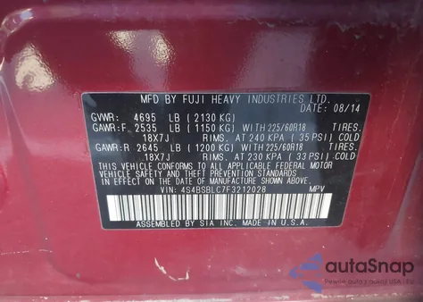 2015 Subaru Outback 2.5I Limited z USA, uszkodzony, nr VIN 4S4BSBLC7F3212028